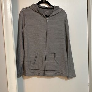 Ladies Zip-up black and white lightweight hoodie w/front pockets